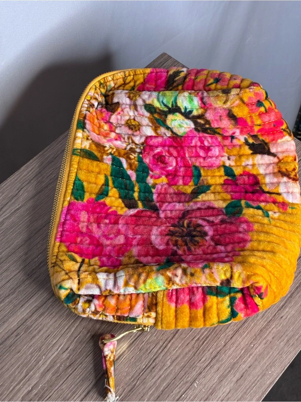 EUC Powder Floral Quilted Velvet Pouch in Mustard & Pink